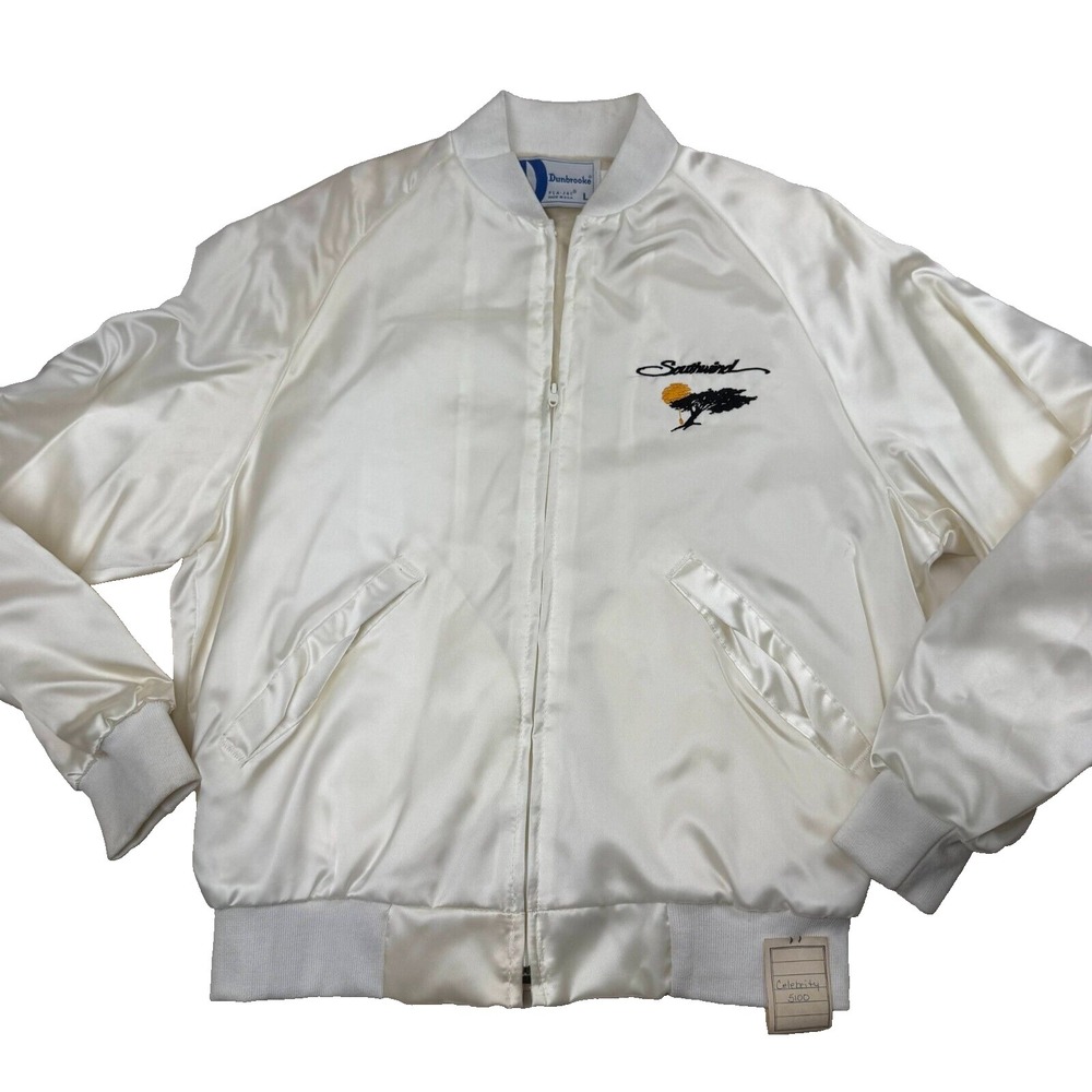Vtg Southwind Logo Dunbrooke Bomber Jacket Men L Ivory Full Zip White Satin